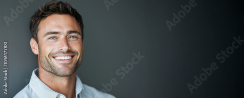 Confident man with bright smile on dark background AI generated