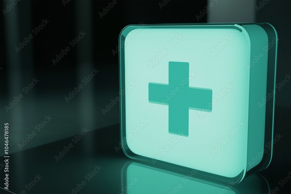 Fototapeta premium A glowing teal square first aid icon with a cross symbol, standing on a dark, reflective surface