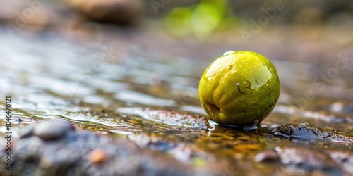 A close-up of an olive pit rolling down a rocky surface after being dislodged by rain, natural landscape, mud, pebbles, rainfall