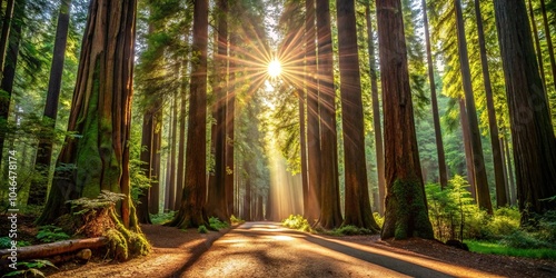 Sunlight filtering through redwood trees on forest path photo