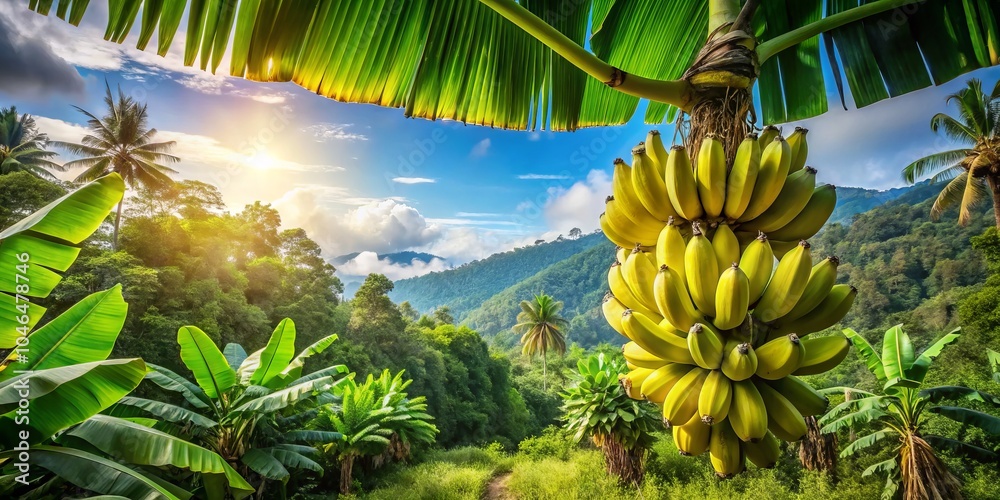Fototapeta premium Lush Tropical Landscape with a Bunch of Bananas Underneath a Bright Blue Sky, Showcasing Vibrant Greenery and Exotic Fruits, Perfect for Nature Lovers and Food Enthusiasts