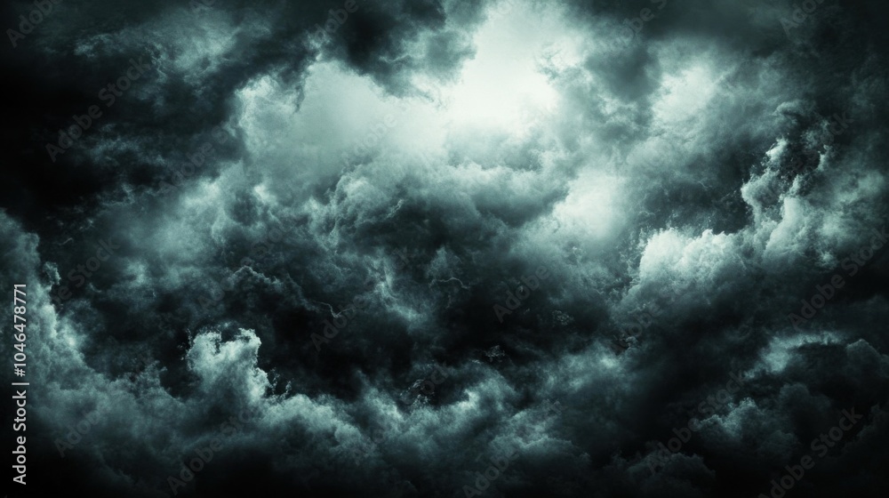 Cloudy sky with a mix of white and dark clouds, some sun rays peeking through, dynamic and moody, ideal for dramatic stock backgrounds,