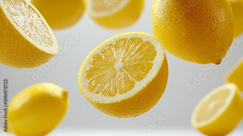Silhouette of multiple cut lemons in motion, flying across a white background, fresh and vibrant citrus energy photo