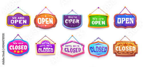 Board signs, open and closed shop notice signboards, vector icons for store door. Cartoon modern and retro board signs with Sorry We Are Closed and Welcome open signboards hanging on strings for shop
