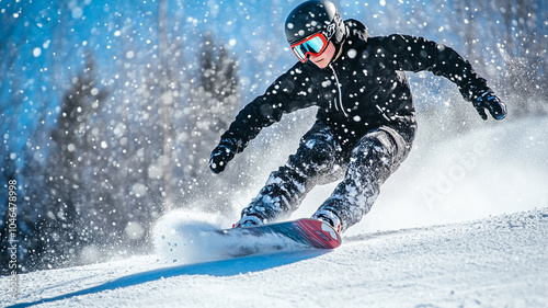 A snowboarder carves through fresh snow on a sunny day in the mountains during winter