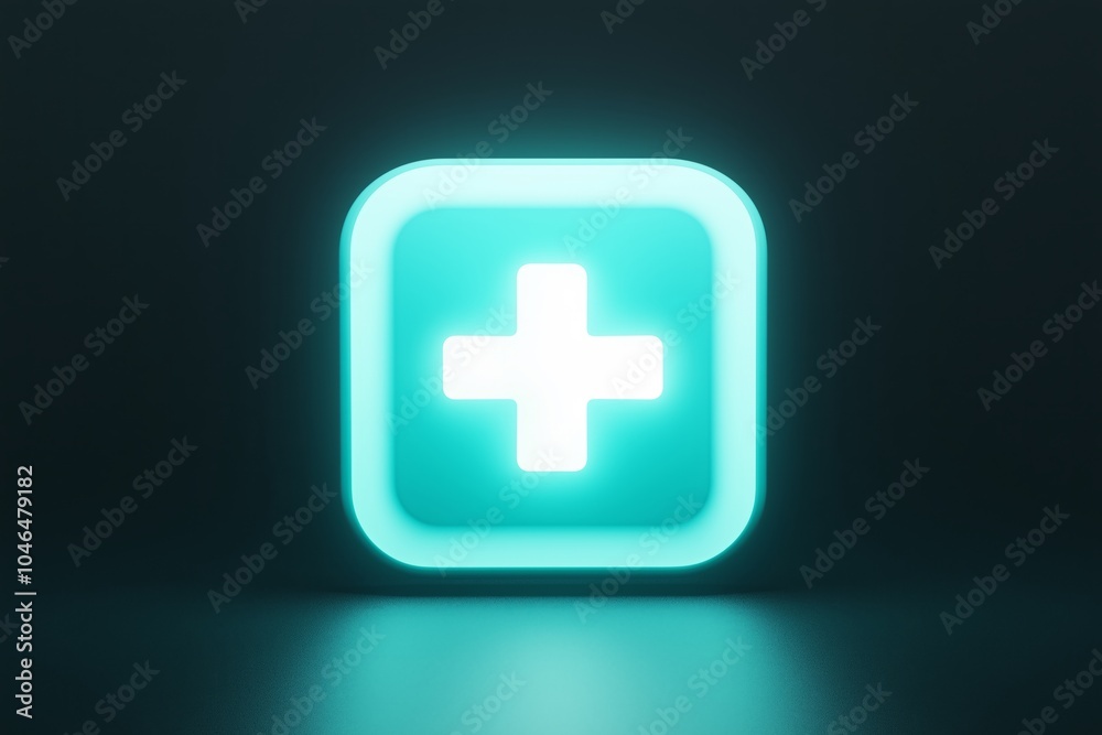 Obraz premium A neon teal glowing first-aid icon with a cross symbol, illuminated against a dark background