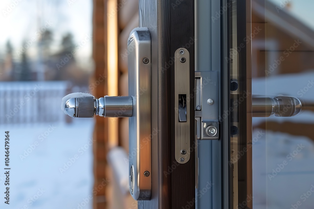 Wooden door with metal handle and lock