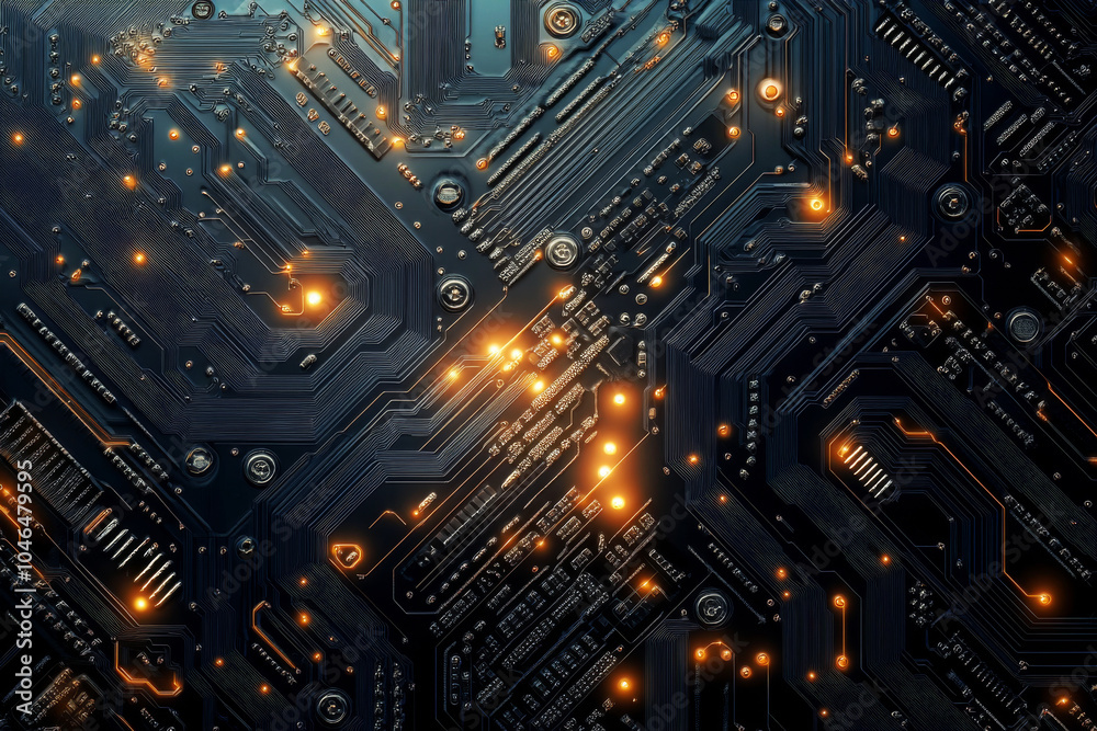 Obraz premium High-tech background with glowing pathways and components on circuit board. Concept of advanced technology and electronics