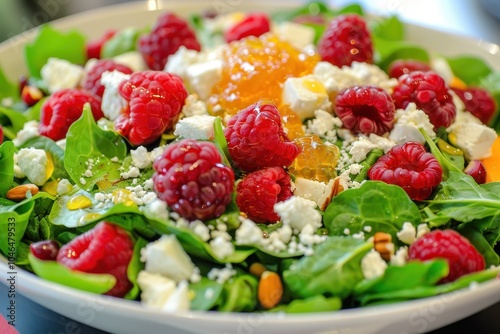 Salad with greens fruit cheese nuts and citrus dressing