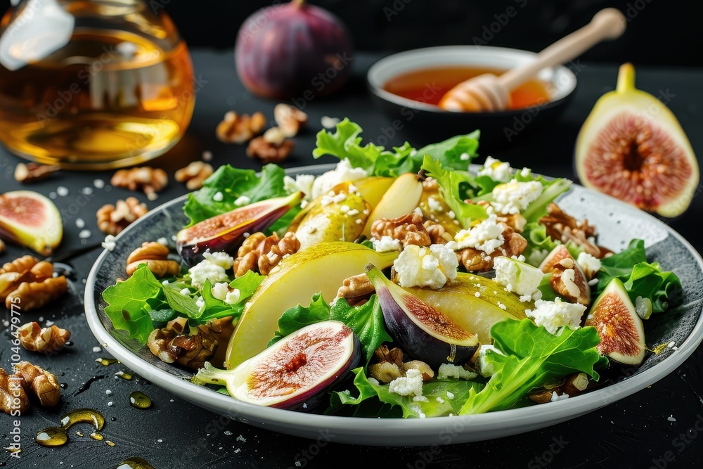 Salad with pears lettuce figs walnuts goat cheese honey on black background Salad with pears lettuce figs walnuts goat cheese honey on black background