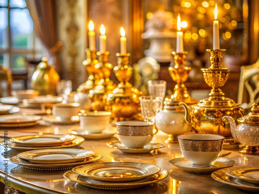 Luxurious Table Setting with Ornate Golden Utensils and Exquisite China in Tilt-Shift Photography for a Lavish Dining Experience Luxurious Table Setting with Ornate Golden Utensils and Exquisite China in Tilt-Shift Photography for a Lavish Dining Experience
