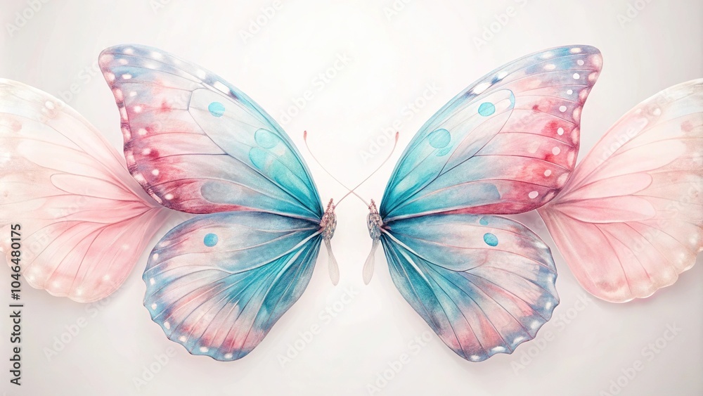 Delicate butterfly wings in shades of pastel pink and blue on a soft white background, interior design ideas, gentle, serene, flower pattern Delicate butterfly wings in shades of pastel pink and blue on a soft white background, interior design ideas, gentle, serene, flower pattern
