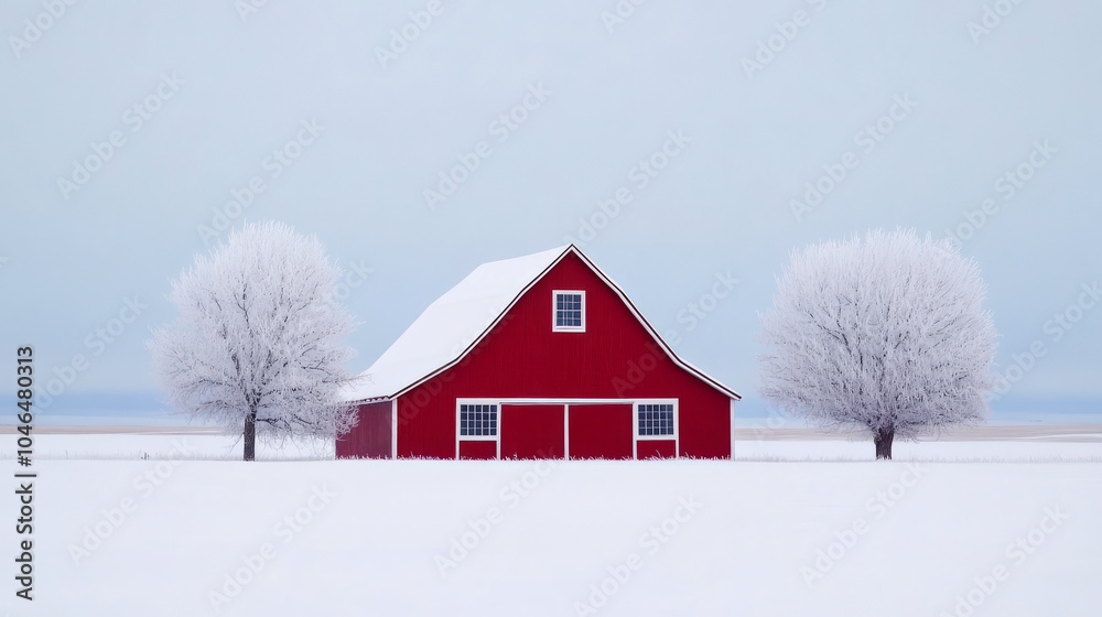 Scenic Winter Landscape with Rustic Red Barn Scenic Winter Landscape with Rustic Red Barn
