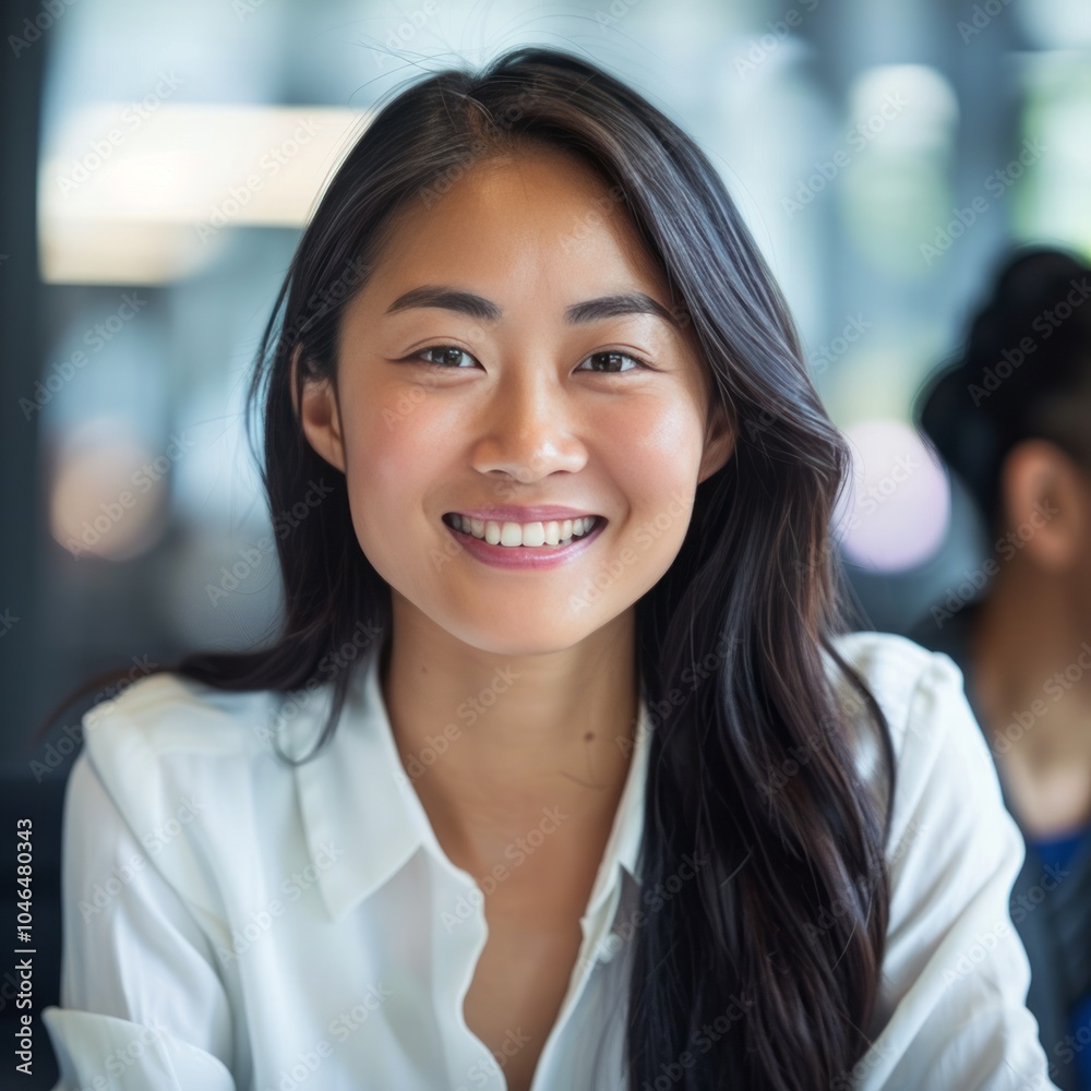 Smiling woman in white shirt in modern office exudes confidence Smiling woman in white shirt in modern office exudes confidence