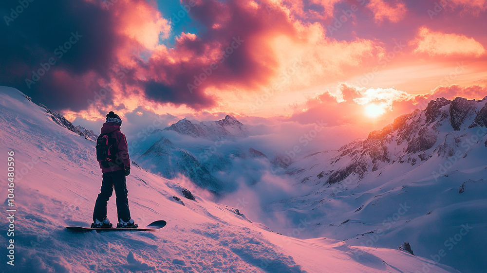 Snowboarder enjoying a stunning sunset view in the snowy mountains during winter sports adventure Snowboarder enjoying a stunning sunset view in the snowy mountains during winter sports adventure