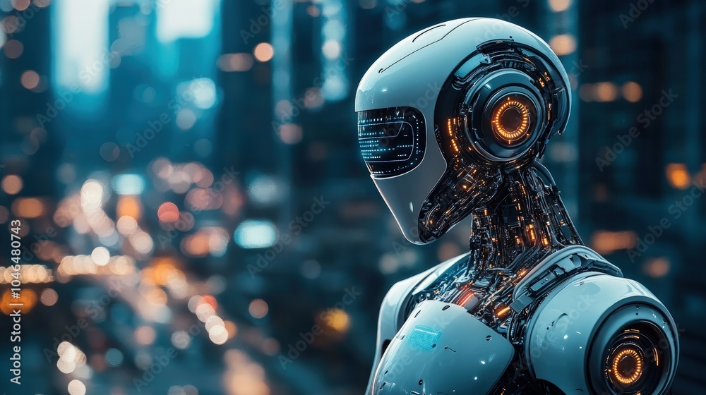 A white humanoid robot with glowing orange circuits stands against a backdrop of a futuristic city. A white humanoid robot with glowing orange circuits stands against a backdrop of a futuristic city.