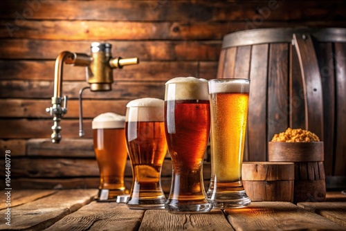 Craft beer glasses on a wooden table with a beer tap and keg in the background, craft beer, tap, drinking glasses, bar photo