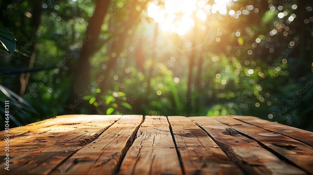 Wooden table in the garden with tropical plants and sunlight background Wooden table in the garden with tropical plants and sunlight background