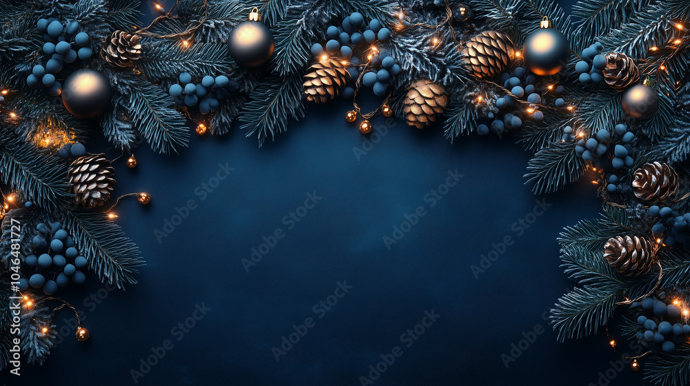 Festive winter decoration in blue tones with pine cones and ornaments on a dark background for the vacation season. Dark blue New Year background Festive winter decoration in blue tones with pine cones and ornaments on a dark background for the vacation season. Dark blue New Year background