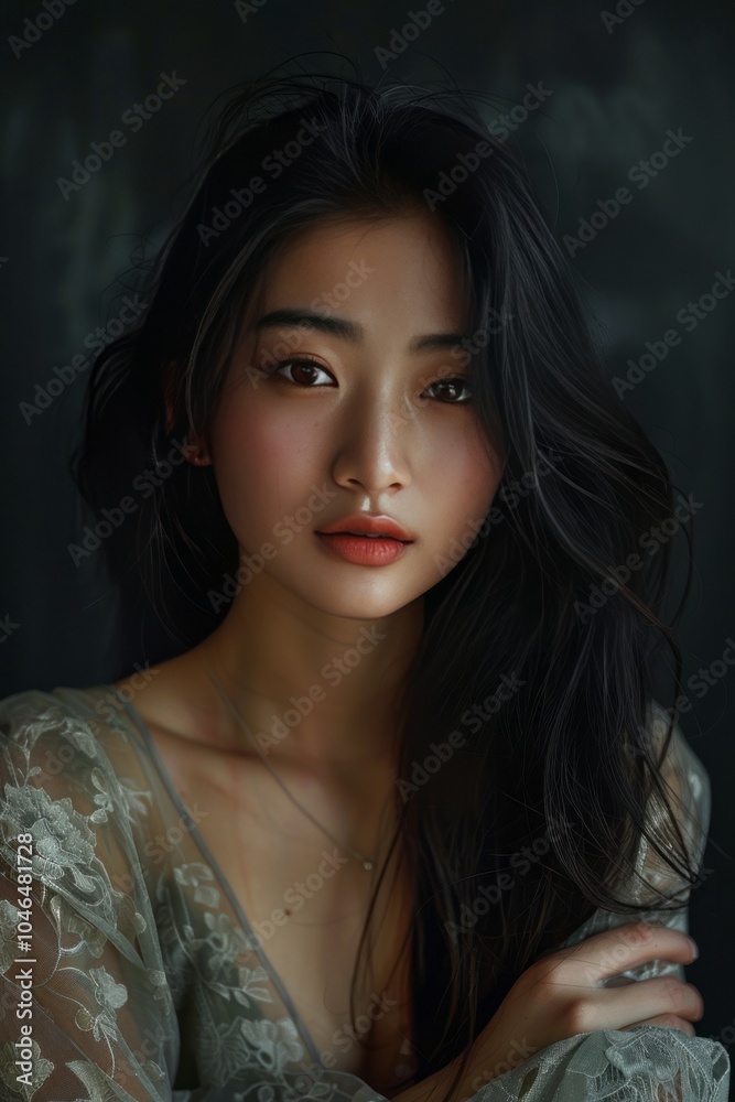Portrait of young woman with long dark hair in sheer lace top Portrait of young woman with long dark hair in sheer lace top