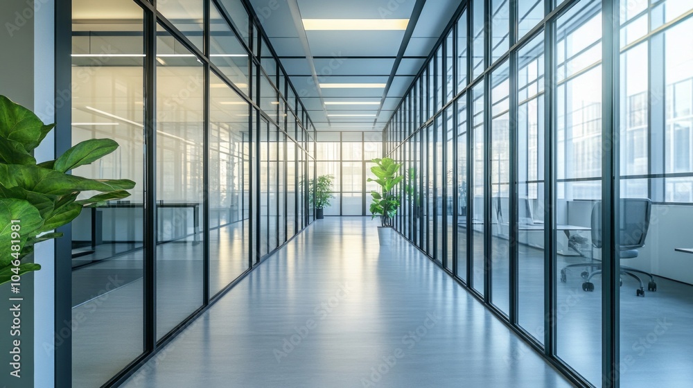 A long hallway with a lot of glass windows and a plant in the middle A long hallway with a lot of glass windows and a plant in the middle