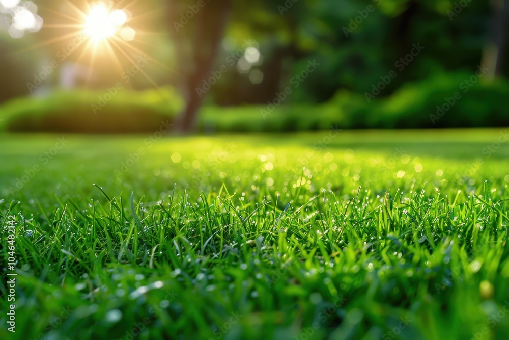Naklejka premium Scenic morning light in park grass field