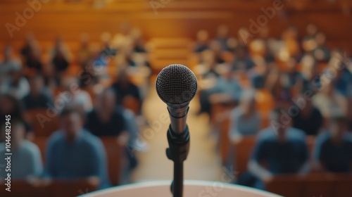 Microphone on stage facing audience in auditorium