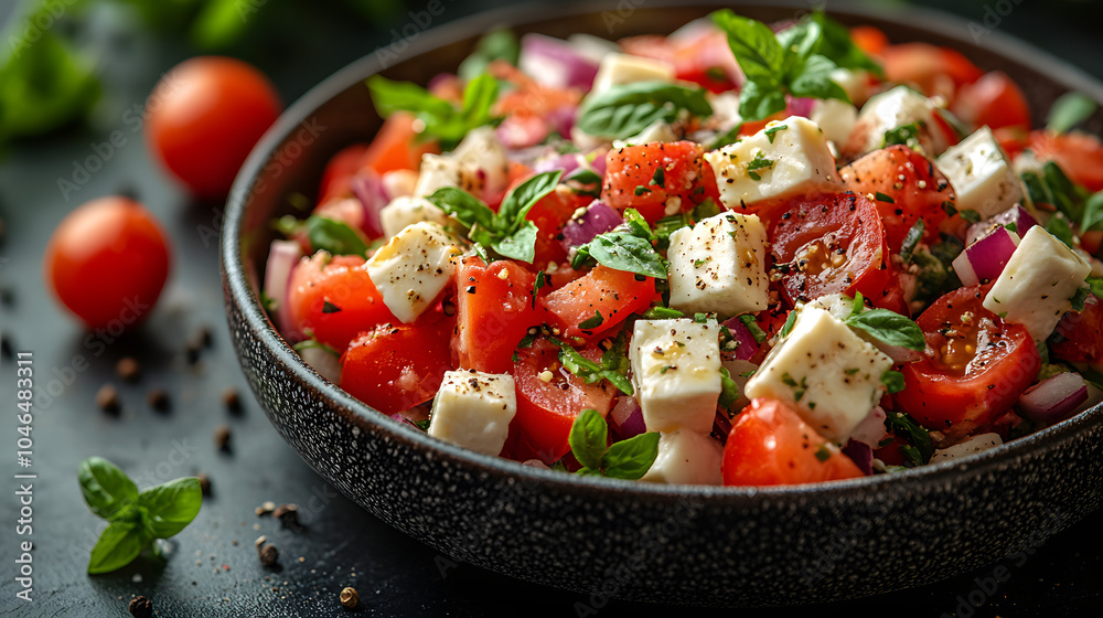 Top View of a Fresh Salad with Cheese and Vegetables on a Black Plate, Featuring Vibrant Colors and Healthy Ingredients.
Top View of a Fresh Salad with Cheese and Vegetables on a Black Plate, Featuring Vibrant Colors and Healthy Ingredients.