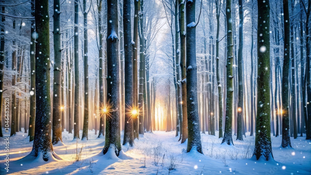 Obraz premium Majestic Winter Forest with Thin Tree Trunks and Snow Falling from Branches - Long Exposure Photography for Serene Winter Landscapes