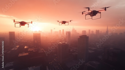 Three drones flying over a city skyline at sunset.