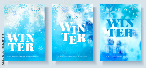 hello winter hand drawn painting watercolour posters set, can be used as banner, flyer, card, background, template, vector illustration
