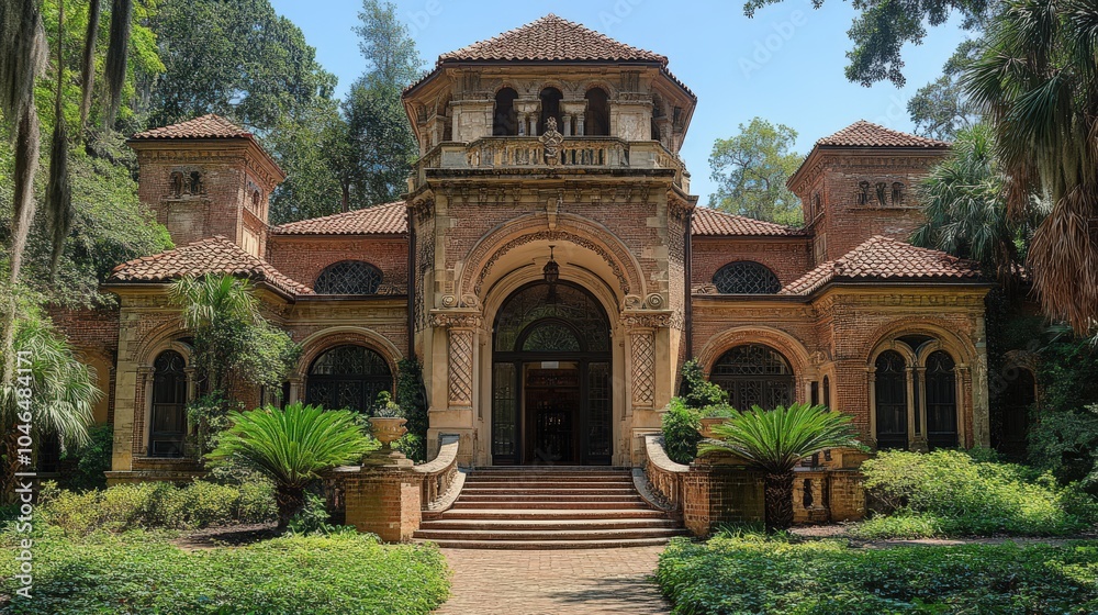 Obraz premium A grand historic mansion surrounded by lush greenery and palm trees.
