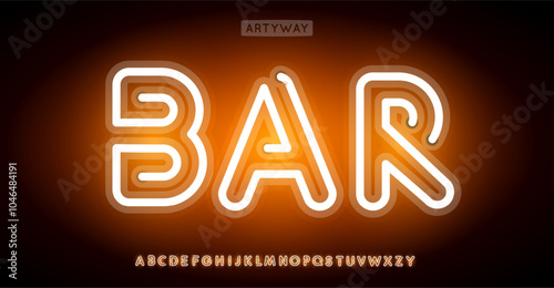 Bright neon alphabet, electric glowing letters, vibrant luminous font for nightclub branding, nightlife headline, shiny orange logo, electrifying party style. Vector typeset.