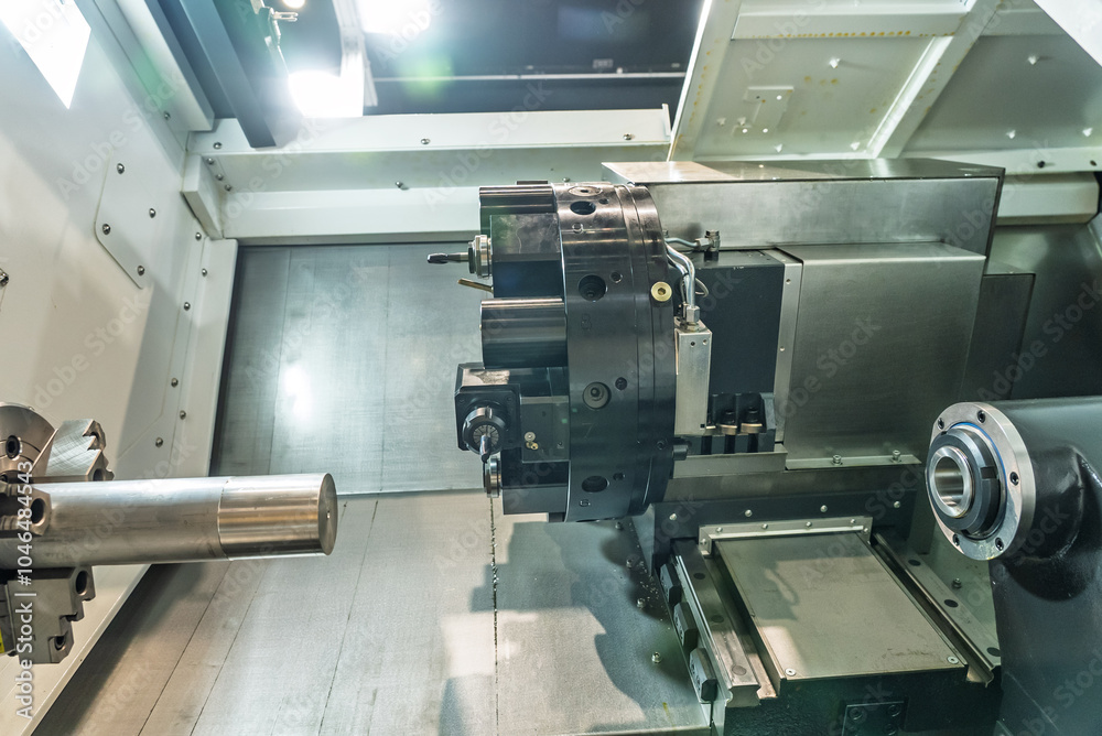 Inside view of a cnc machine. CNC lathe interior.Cnc machine. The CNC lathe machine or Turning machine. Turning numerical control machine with tools and chuck. Inside view of a cnc machine. CNC lathe interior.Cnc machine. The CNC lathe machine or Turning machine. Turning numerical control machine with tools and chuck.