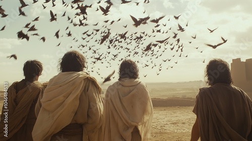 a man with clothes from ancient Israel watching thousands of quails fall from the sky, in the desert, realistic photo