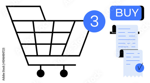Shopping cart with number three icon blue buy button and receipt ideal for themes e-commerce shopping online purchase transactions and retail. Flat minimalist style