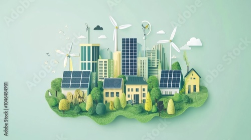 Green economy transformation with a city transitioning to renewable energy, featuring solar panels and wind turbines, perfect for a sustainable growth stock image photo