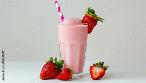 Strawberry yogurt smoothie against white backdrop