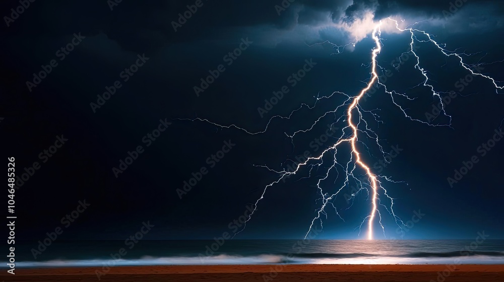 Powerful lightning striking the sea during a dark stormy night. Powerful lightning striking the sea during a dark stormy night.