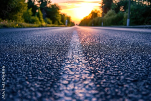 Sunset on a blurry car on an asphalt road