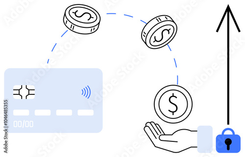 A credit card, hand, coins, arrow, and lock. Ideal for finance, online transactions, security, digital payments, and banking. Clean and minimalistic style complements clear communication of themes