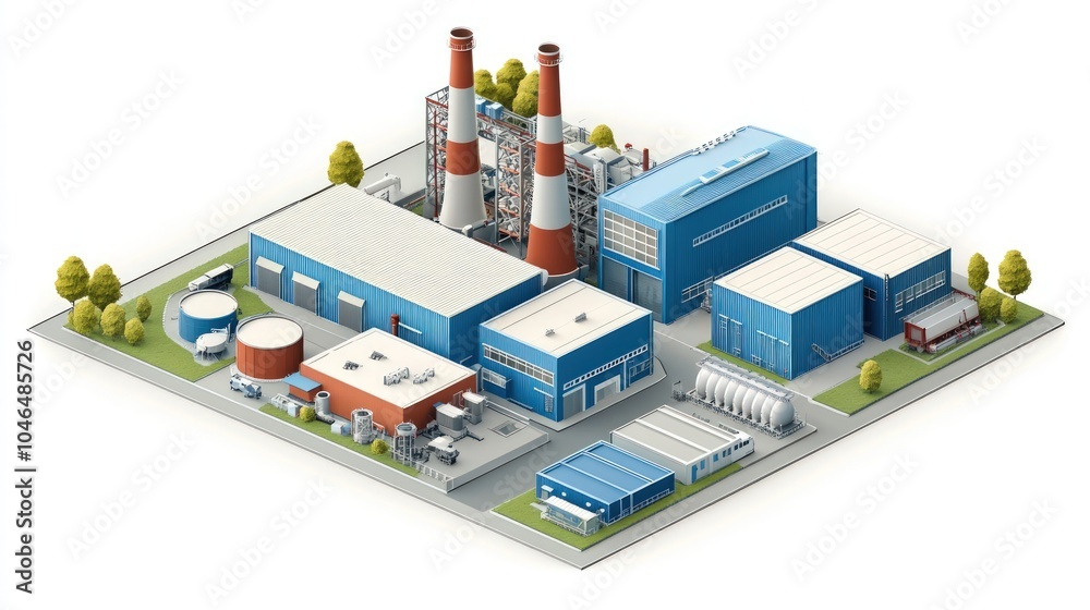 Fototapeta premium Isometric illustration of an industrial plant with chimneys, buildings, tanks, and trucks.