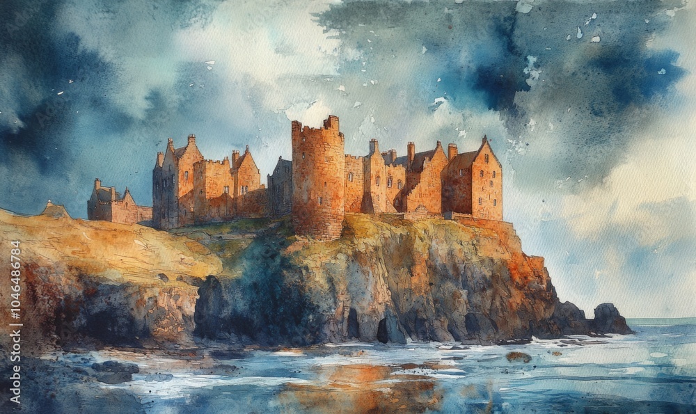 Fototapeta premium Watercolor Dunnottar Castle is a ruined medieval fortress located upon a rocky headland on the north-eastern. The Castle is open to the public all year