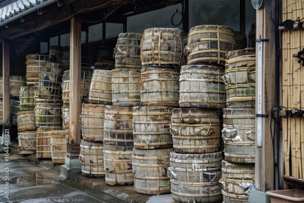Traditional wooden sake barrels with bamboo hoops piled behind a Japanese brewery Traditional wooden sake barrels with bamboo hoops piled behind a Japanese brewery