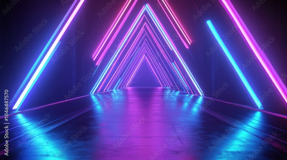 Fototapeta premium Abstract neon lines glowing triangle hallway corridor futuristic gaming background theme wallpaper AI generated image