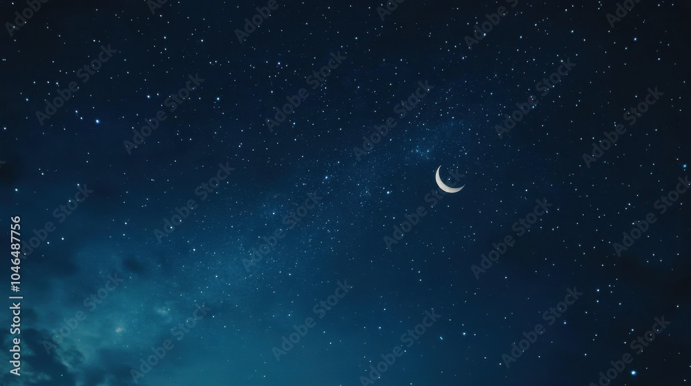 Night sky filled with twinkling stars and a crescent moon, deep blue tones, magical and peaceful, clear celestial view, ideal for dreamy stock imagery, Night sky filled with twinkling stars and a crescent moon, deep blue tones, magical and peaceful, clear celestial view, ideal for dreamy stock imagery,
