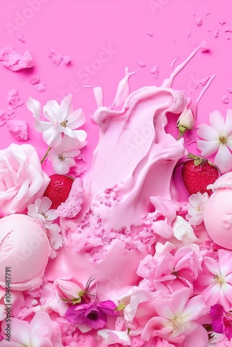 Strawberry and Floral Explosion in Pink Milk Splash