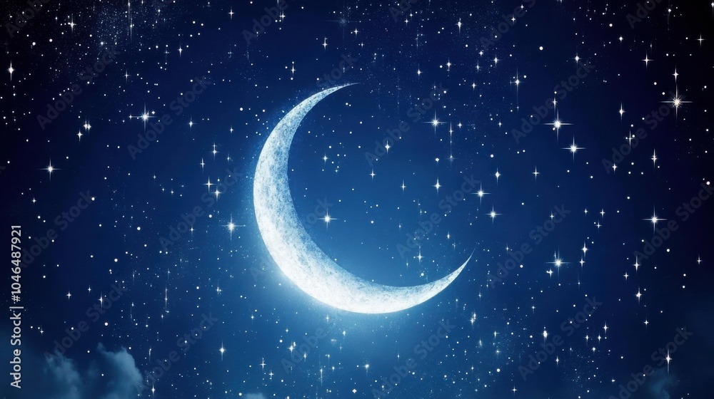 Night sky filled with twinkling stars and a crescent moon, deep blue tones, magical and peaceful, clear celestial view, ideal for dreamy stock imagery, Night sky filled with twinkling stars and a crescent moon, deep blue tones, magical and peaceful, clear celestial view, ideal for dreamy stock imagery,