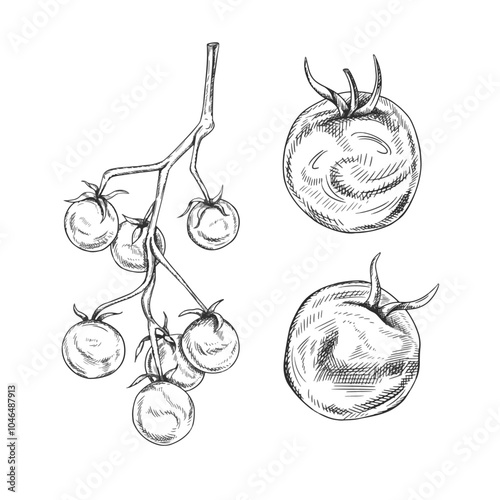 Vector illustration of set of tomatoes and cherries. Organic vegetables, healthy harvest. Ingredients for cooking, farm products. Hand drawn illustration in line art, black inks, isolated background