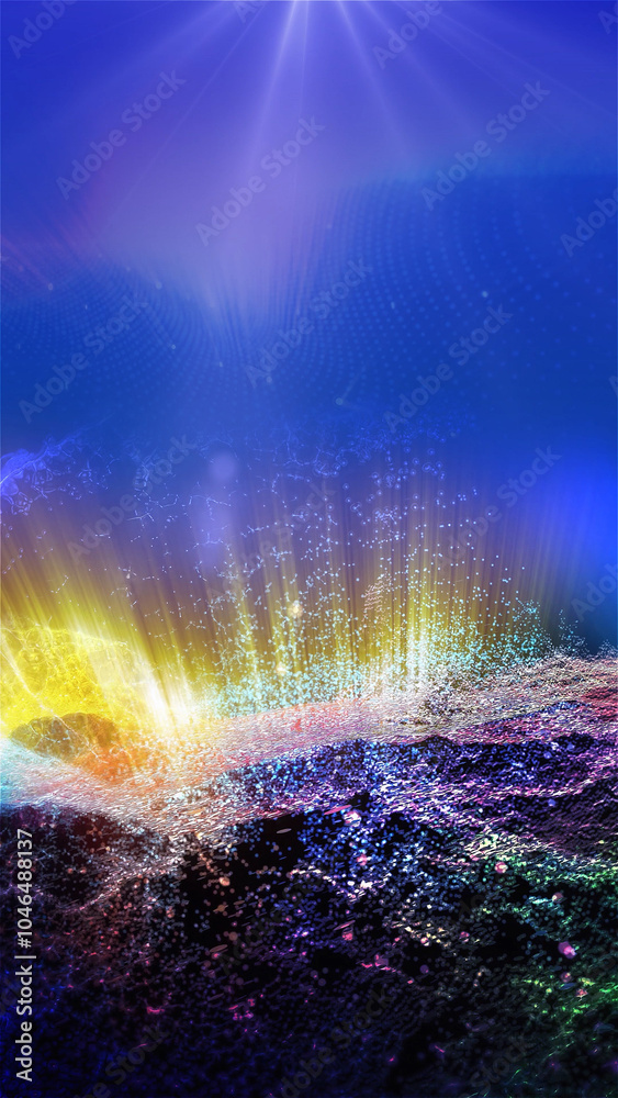 Landscape of a futuristic planet. Magic digital futuristic glowing energy particles.
Landscape of a futuristic planet. Magic digital futuristic glowing energy particles.